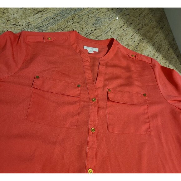 Charter Club Womens Size L Petite Pink Button Blouse Roll Tab Gold Button - Picture 7 of 13